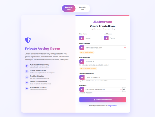 Admin creating voting room